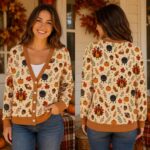 Thanksgiving Turkey Cardigan, Fall Pumpkin Knit Sweater, Autumn Harvest Button Up Cardigan - Image 2