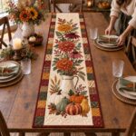Fall Floral Pitcher Quilted Table Runner, Autumn Pumpkin Dining Decor - Image 2