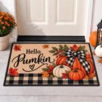 Hello Pumpkin Fall Doormat, Autumn Welcome Mat, Buffalo Plaid Pumpkin Rug - Image 3