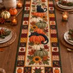 Pumpkin Thanksgiving Patchwork Quilted Table Runner, Black Cat Autumn Harvest Decor