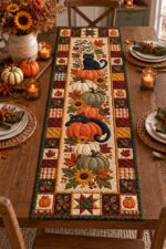 Pumpkin Thanksgiving Patchwork Quilted Table Runner, Black Cat Autumn Harvest Decor