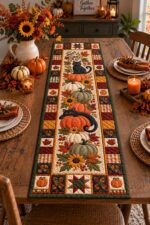 Pumpkin Thanksgiving Patchwork Quilted Table Runner, Black Cat Autumn Harvest Decor - Image 4