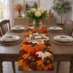 Table Runner, Orange Pumpkins Table Runner, Autumn Maple Leaf Table Decor, Thanksgiving Decor - Image 3