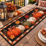 Quilted Pumpkin Table Runner, Fall Maple Leaf Dining Decor, Autumn Harvest Table Decor, Rustic Thanksgiving Kitchen Decor