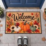 Fall Pumpkin Doormat, Autumn Welcome Mat, Harvest Sunflower Front Door Decor