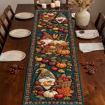 Autumn Gnome Apple Pumpkin Quilted-Style Table Runner, Whimsical Thanksgiving Farmhouse Kitchen Table Decor