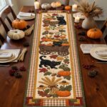 Black Cat Pumpkin Cart Quilted-Style Table Runner, Rustic Autumn Thanksgiving Farmhouse Kitchen Table Decor