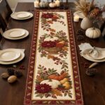 Poinsettia Pumpkin Basket Quilted-Style Table Runner, Elegant Thanksgiving Farmhouse Dining Table Setting Decor