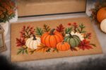 Fall Pumpkin Doormat, Autumn Floral Welcome Mat, White and Green Pumpkin Front Door Decor