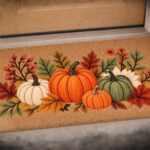 Fall Pumpkin Doormat, Autumn Floral Welcome Mat, White and Green Pumpkin Front Door Decor