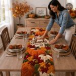 Table Runner, Orange Pumpkins Table Runner, Autumn Maple Leaf Table Decor, Thanksgiving Decor - Image 2