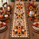 Fall Pumpkin Table Runner, Quilted Thanksgiving Dining Decor, Sunflower Autumn Table Decor, Rustic Farmhouse Harvest Runner - Image 5