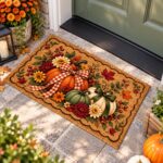 Fall Pumpkin Doormat, Autumn Floral Welcome Mat, Thanksgiving Front Door Decor