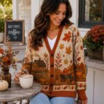 Autumn Leaves, Pumpkins, Cozy Cottagecore Landscape Sweater, Autumn Harvest Knit Cardigan - Image 3