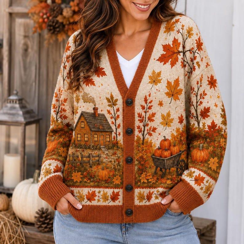 il_fullxfull.8611460350_bt2x Autumn Leaves, Pumpkins, Cozy Cottagecore Landscape Sweater, Autumn Harvest Knit Cardigan - Image 1