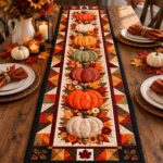 Fall Pumpkin Table Runner, Autumn Quilted Table Decor, Thanksgiving Harvest Runner