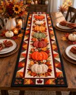 Fall Pumpkin Table Runner, Autumn Quilted Table Decor, Thanksgiving Harvest Runner
