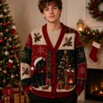 Black Cat Christmas Cardigan, Unisex Festive Holiday Knit Sweater for Men and Women - Image 2