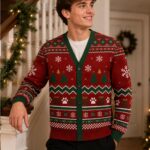Christmas Dog Print Cardigan, Red and Green Fair Isle Knit Sweater for Men and Women