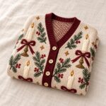 Vintage Candle Cardigan, Christmas Bow Sweater, Pine Berry Holiday Knit, Cream Red Winter Outfit, Festive Christmas Gift - Image 5