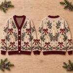 Vintage Candle Cardigan, Christmas Bow Sweater, Pine Berry Holiday Knit, Cream Red Winter Outfit, Festive Christmas Gift - Image 2