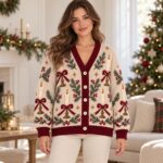 Vintage Candle Cardigan, Christmas Bow Sweater, Pine Berry Holiday Knit, Cream Red Winter Outfit, Festive Christmas Gift
