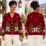 Christmas Bell Cardigan, Burgundy Holiday Sweater, Evergreen Bow Knit, Gold Bell Winter Outfit - Image 3