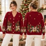 Christmas Bell Cardigan, Burgundy Holiday Sweater, Evergreen Bow Knit, Gold Bell Winter Outfit