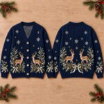 Woodland Deer Cardigan, Navy Christmas Sweater, Evergreen Bow Knit, Snowflake Holiday Outfit - Image 2