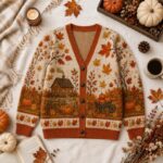 Autumn Leaves, Pumpkins, Cozy Cottagecore Landscape Sweater, Autumn Harvest Knit Cardigan - Image 5