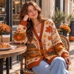 Autumn Leaves, Pumpkins, Cozy Cottagecore Landscape Sweater, Autumn Harvest Knit Cardigan - Image 2