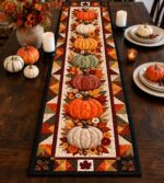 Fall Pumpkin Table Runner, Autumn Quilted Table Decor, Thanksgiving Harvest Runner - Image 2