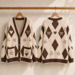 Unisex Argyle Cardigan, Brown Cream Floral Bow Knit Sweater for Men and Women, V Neck - Image 2