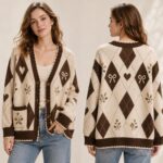 Unisex Argyle Cardigan, Brown Cream Floral Bow Knit Sweater for Men and Women, V Neck - Image 3