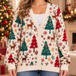 Christmas Tree Cardigan, Reindeer Christmas Sweater, Holiday Tree Sweater, Winter Cardigan