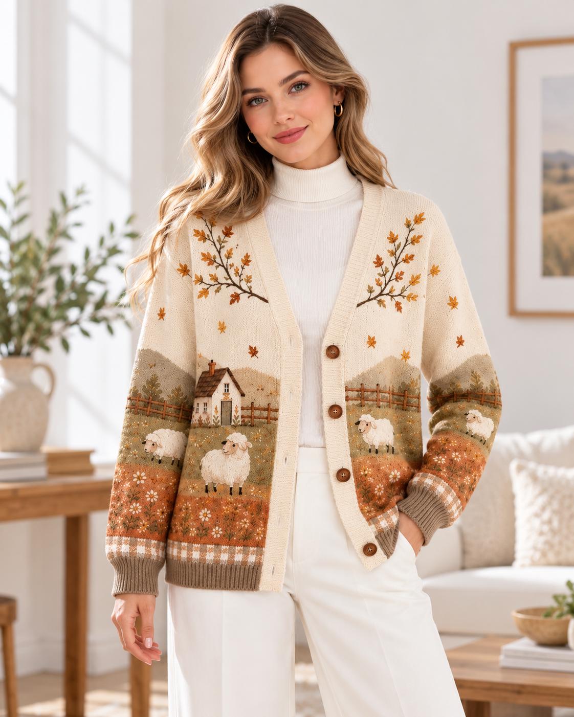 il_fullxfull.8680850434_rc30 Sheep Cardigan for Women, Cottagecore Farmhouse Sweater, Autumn Meadow Knit Cardigan - Image 1