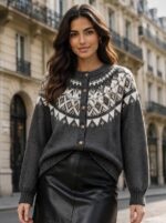 Women's Fair Isle Knit Cardigan – Norwegian Jacquard, Button Front, Long Sleeves - Image 7