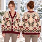 Vintage Candle Cardigan, Christmas Bow Sweater, Pine Berry Holiday Knit, Cream Red Winter Outfit, Festive Christmas Gift - Image 4