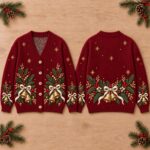 Christmas Bell Cardigan, Burgundy Holiday Sweater, Evergreen Bow Knit, Gold Bell Winter Outfit - Image 2