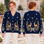 Woodland Deer Cardigan, Navy Christmas Sweater, Evergreen Bow Knit, Snowflake Holiday Outfit - Image 4