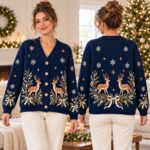 Woodland Deer Cardigan, Navy Christmas Sweater, Evergreen Bow Knit, Snowflake Holiday Outfit - Image 3