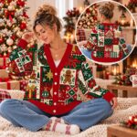 Vintage Christmas Cardigan, Patchwork Holiday Button Up Sweater, Gingerbread Reindeer Snowflake Design, Festive Winter Outfit, Christmas Gift - Image 2