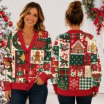 Vintage Christmas Cardigan, Patchwork Holiday Button Up Sweater, Gingerbread Reindeer Snowflake Design, Festive Winter Outfit, Christmas Gift